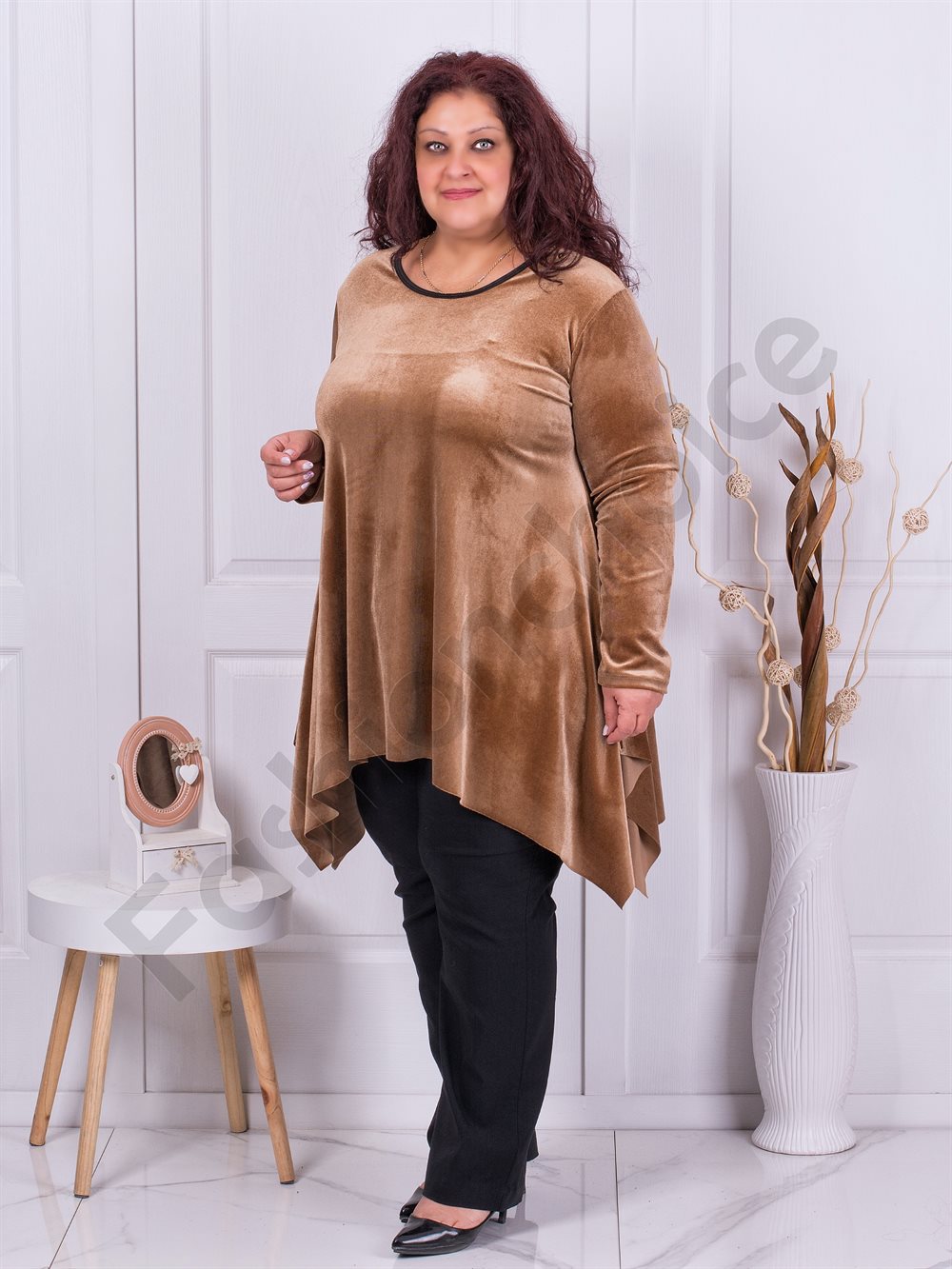 Plus size βελούδινο τουνίκ σε χρώμα καμηλό-κωδ 577-3