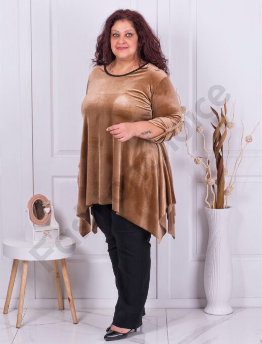 Plus size βελούδινο τουνίκ σε χρώμα καμηλό-κωδ 577-3