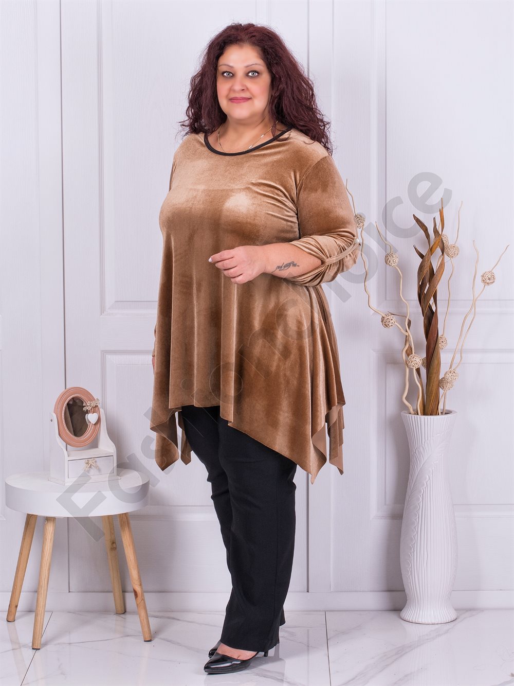 Plus size βελούδινο τουνίκ σε χρώμα καμηλό-κωδ 577-3