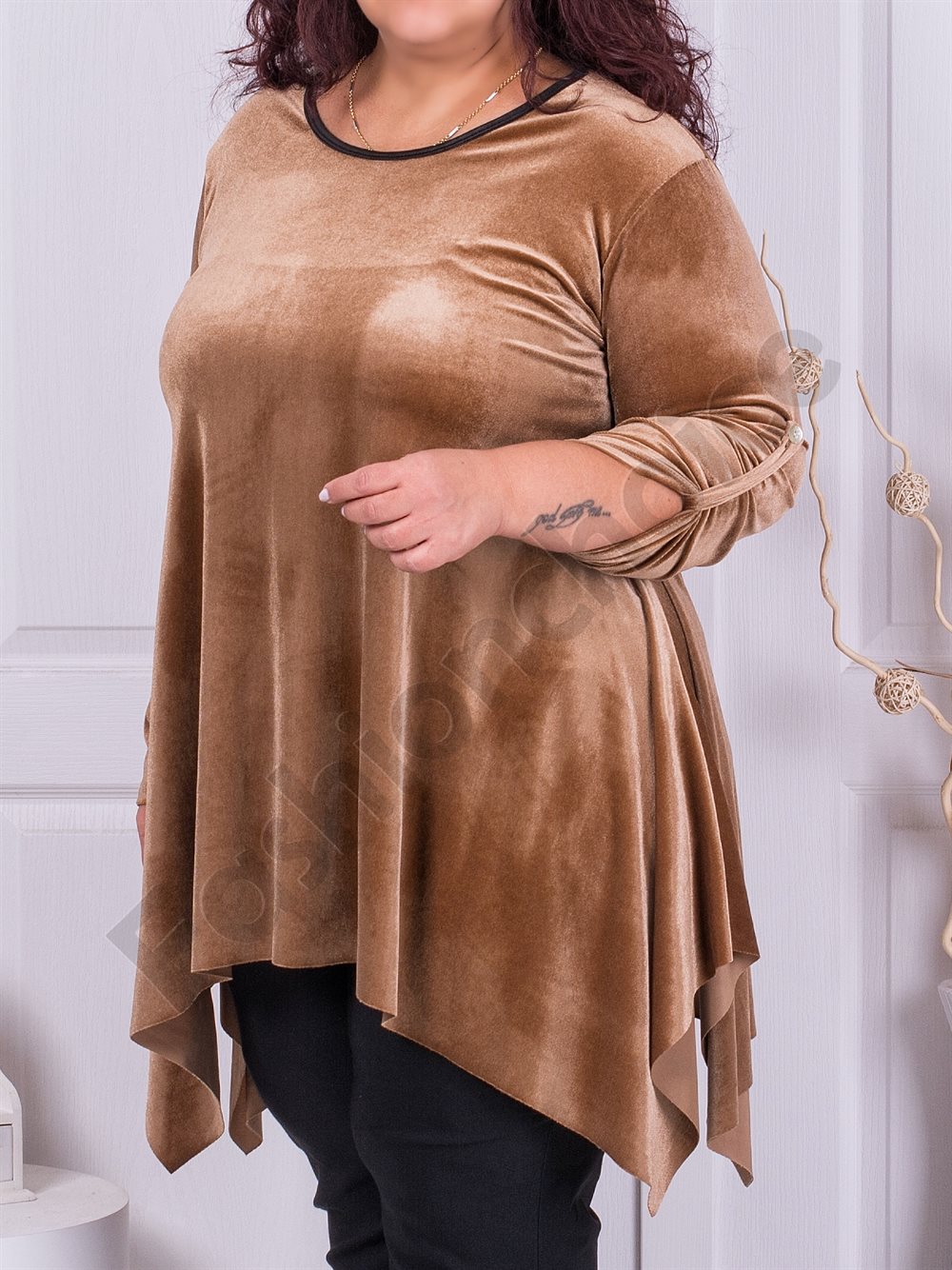 Plus size βελούδινο τουνίκ σε χρώμα καμηλό-κωδ 577-3
