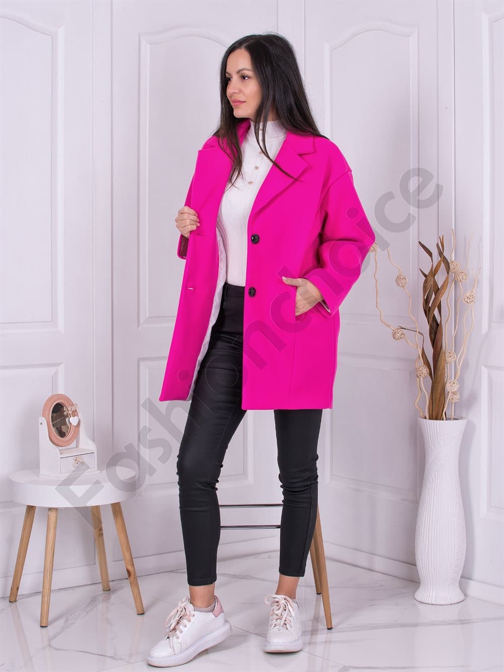 Oversize κασμίρ παλτό-φουξία-κωδ 2956-1
