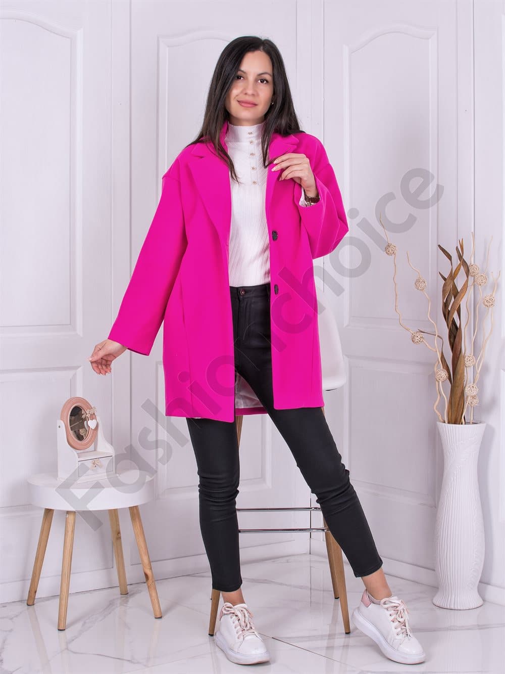 Oversize κασμίρ παλτό-φουξία-κωδ 2956-1