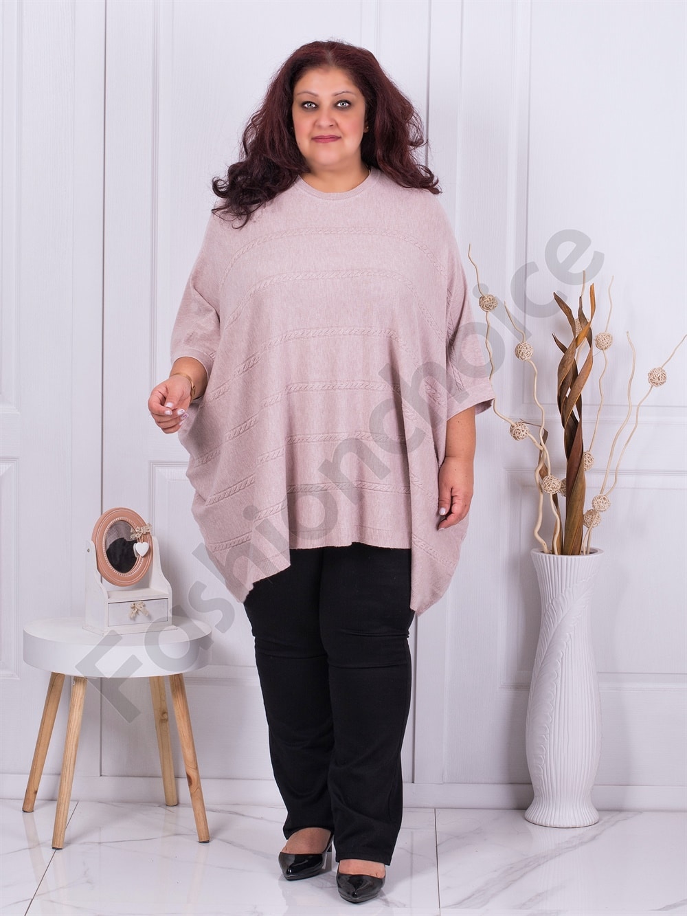 Plus size πλεκτή τουνίκ πόντσο-ροζ-κωδ 8028-1
