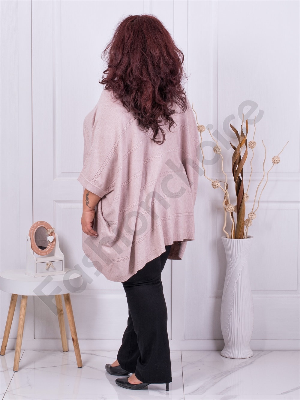 Plus size πλεκτή τουνίκ πόντσο-ροζ-κωδ 8028-1