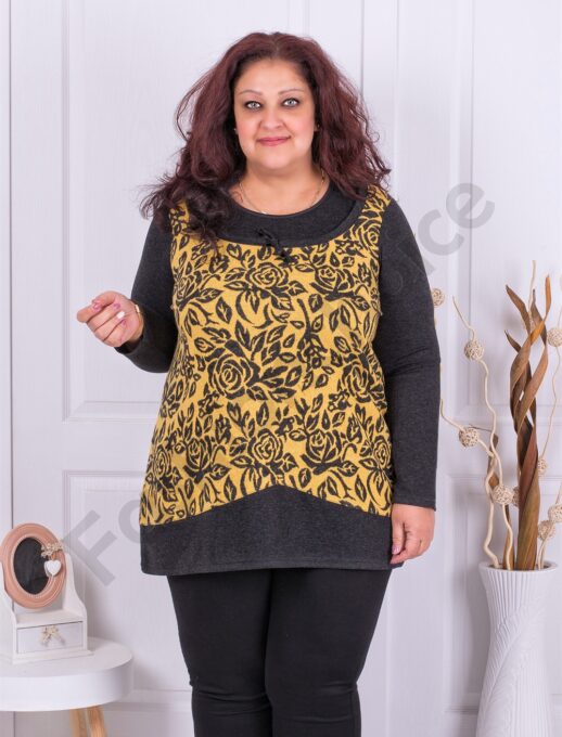 Plus size ζεστή τουνίκ με ντεσέν τριαντάφυλλα-κίτρινο-κωδ 932-2