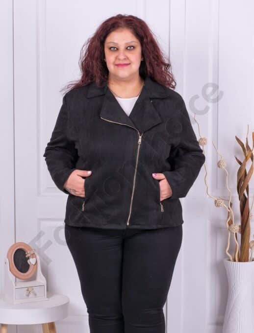 Plus size τζάκετ βελούδο με ασύμμετρο φερμουάρ-μαύρο-κωδ 2663