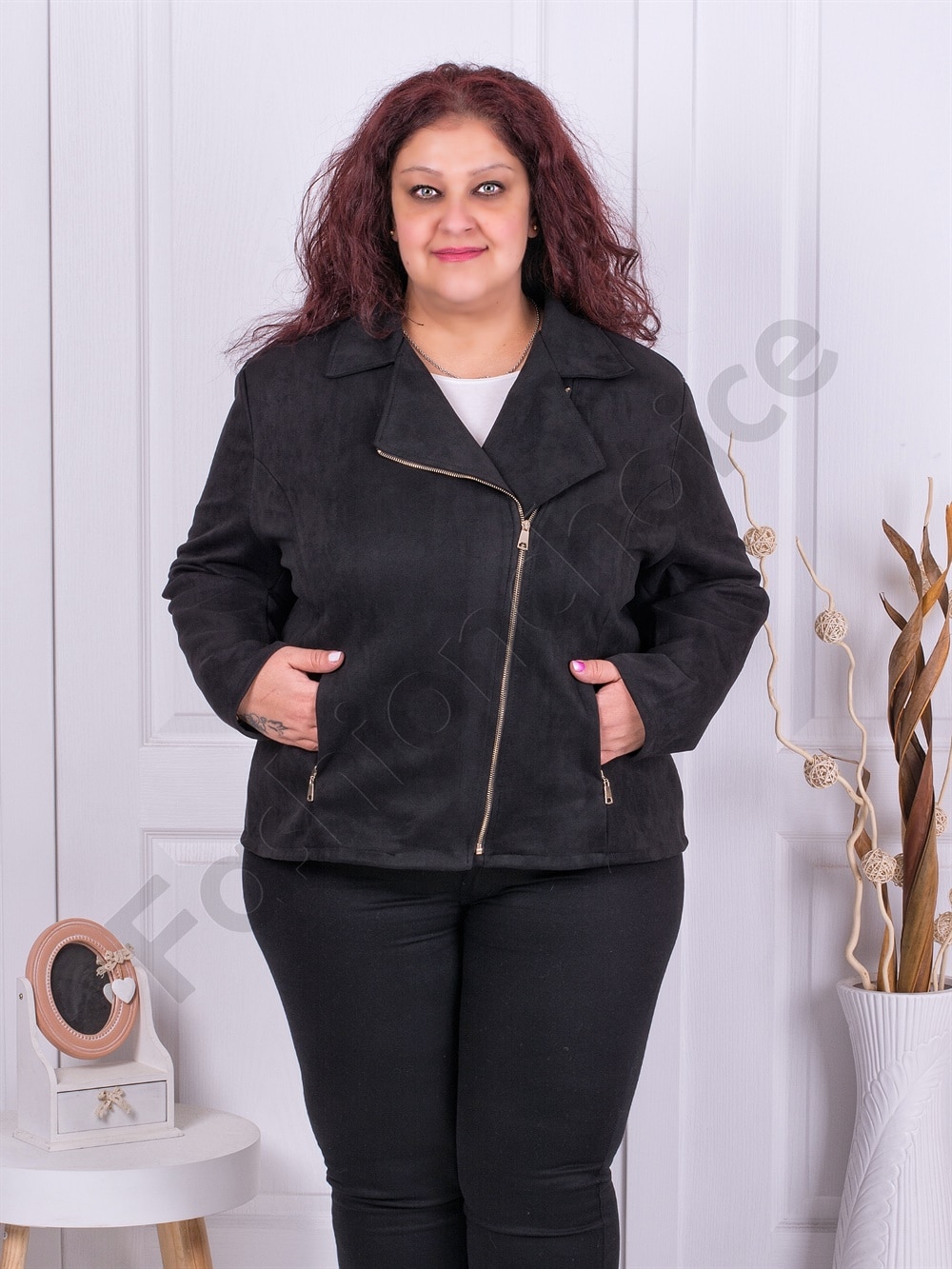 Plus size τζάκετ βελούδο με ασύμμετρο φερμουάρ-μαύρο-κωδ 2663