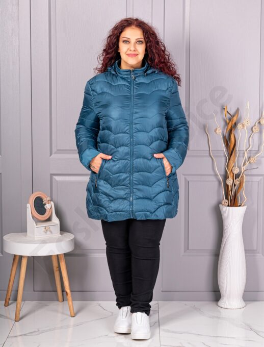 Plus size καπιτονέ μπουφάν με κουκούλα-πετρόλ-κωδ 811-2