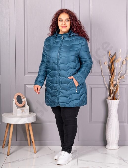 Plus size καπιτονέ μπουφάν με κουκούλα-πετρόλ-κωδ 811-2