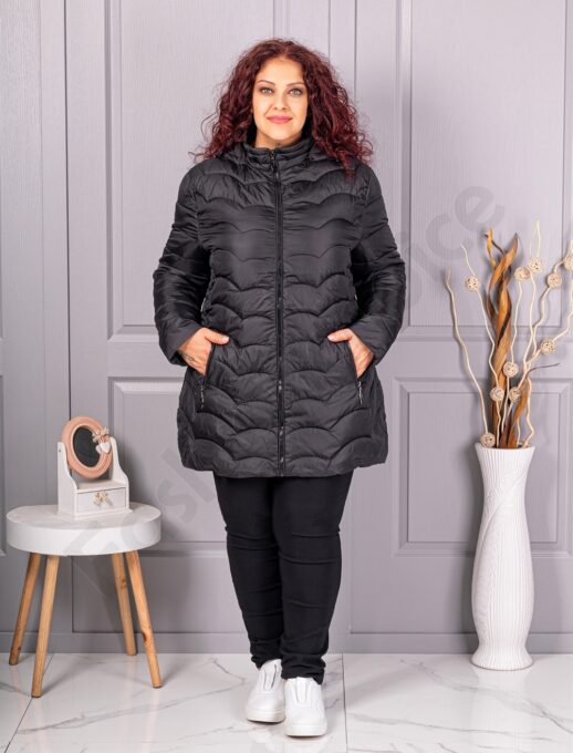 Plus size καπιτονέ μπουφάν με κουκούλα-μαύρο-κωδ 811