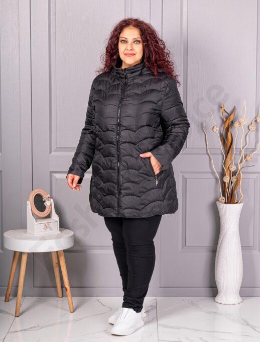 Plus size καπιτονέ μπουφάν με κουκούλα-μαύρο-κωδ 811