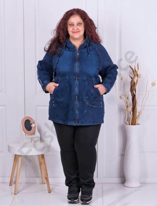 Plus size τζιν τζάκετ με κουκούλα και διακοσμητικά στρας-μπλε-κωδ 8184-1