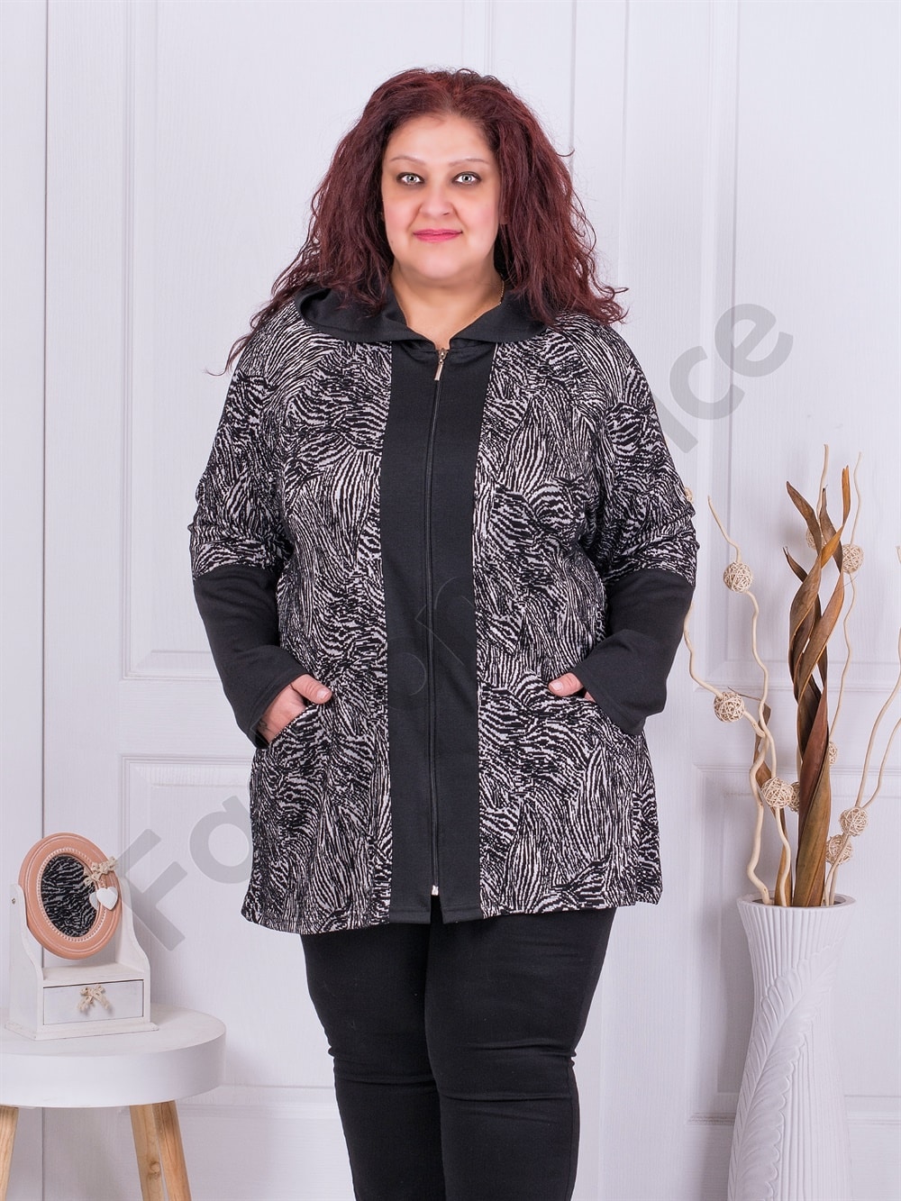 Plus size ζακέτα με ασπρόμαυρο σχέδια-κωδ 231212-1