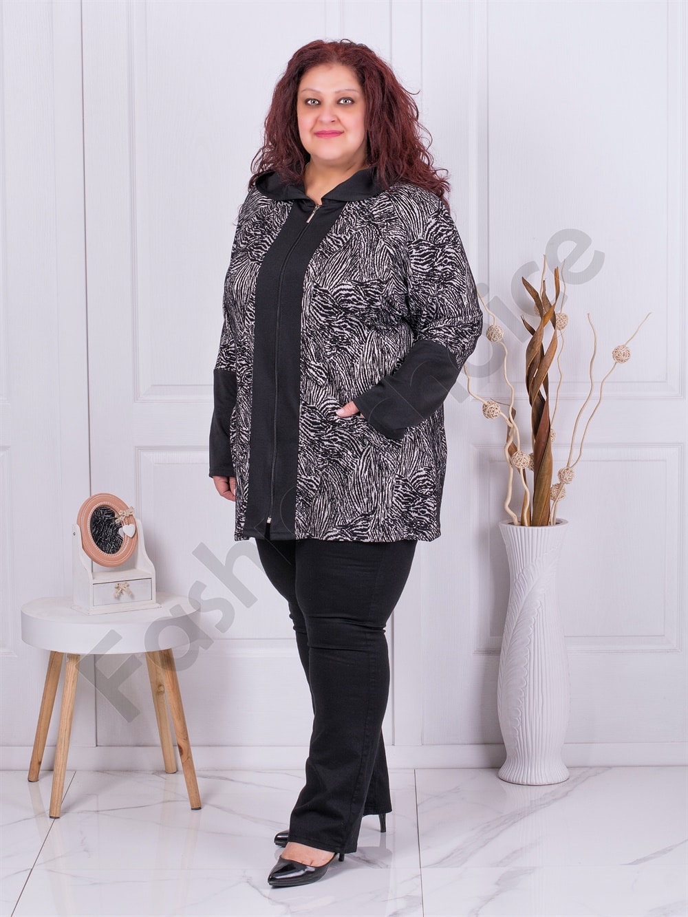 Plus size ζακέτα με ασπρόμαυρο σχέδια-κωδ 231212-1
