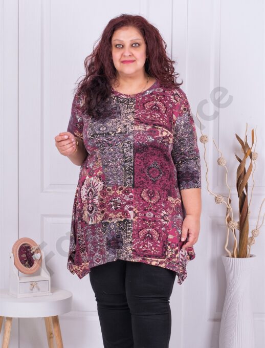 Plus size ασύμμετρη τουνίκ σε Boho στυλ-μπορντό-κωδ 23220-2
