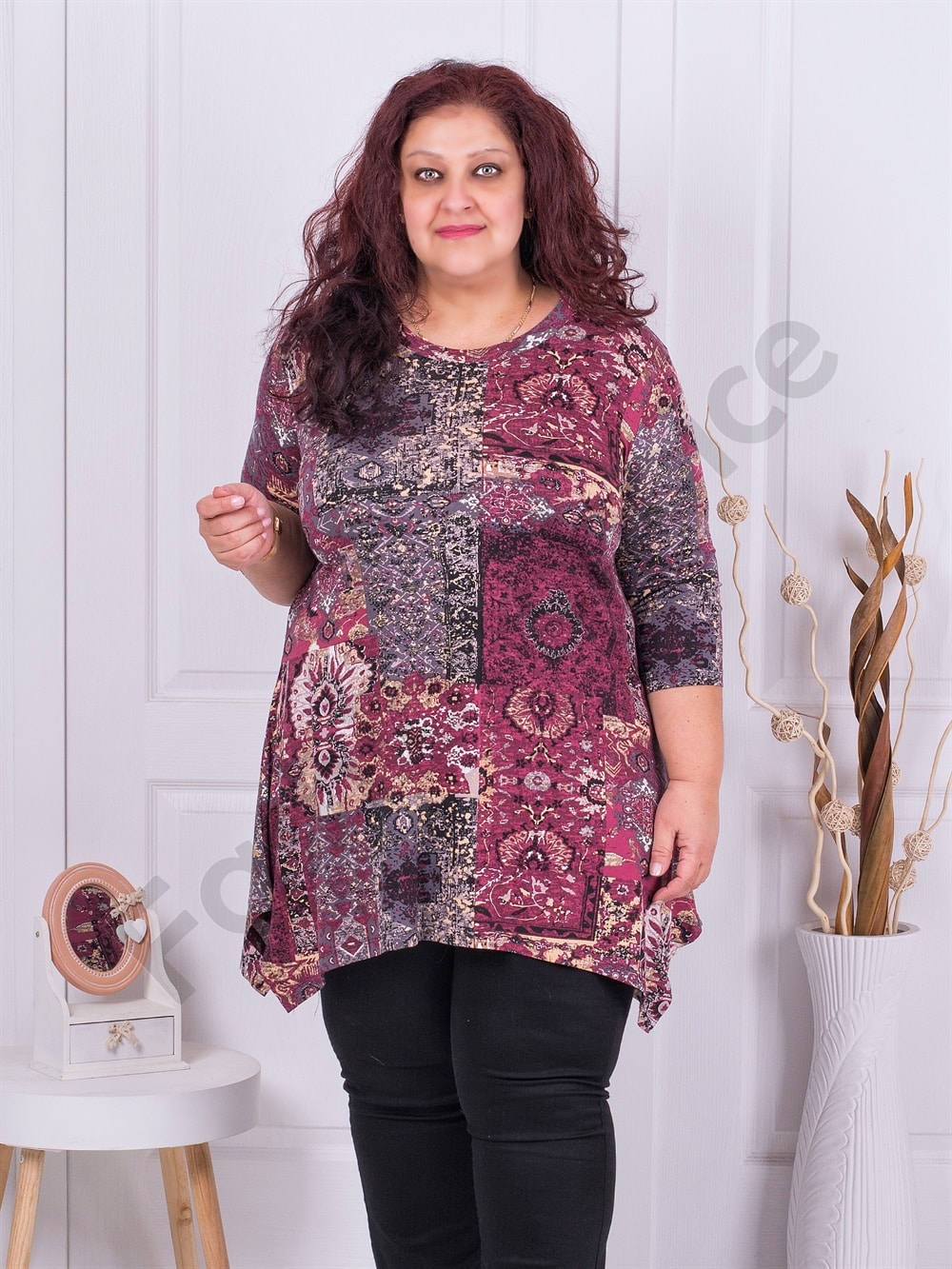 Plus size ασύμμετρη τουνίκ σε Boho στυλ-μπορντό-κωδ 23220-2