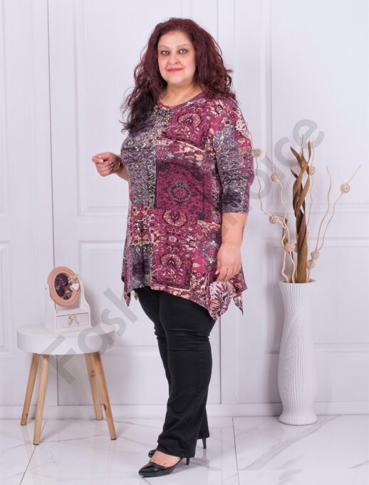 Plus size ασύμμετρη τουνίκ σε Boho στυλ-μπορντό-κωδ 23220-2