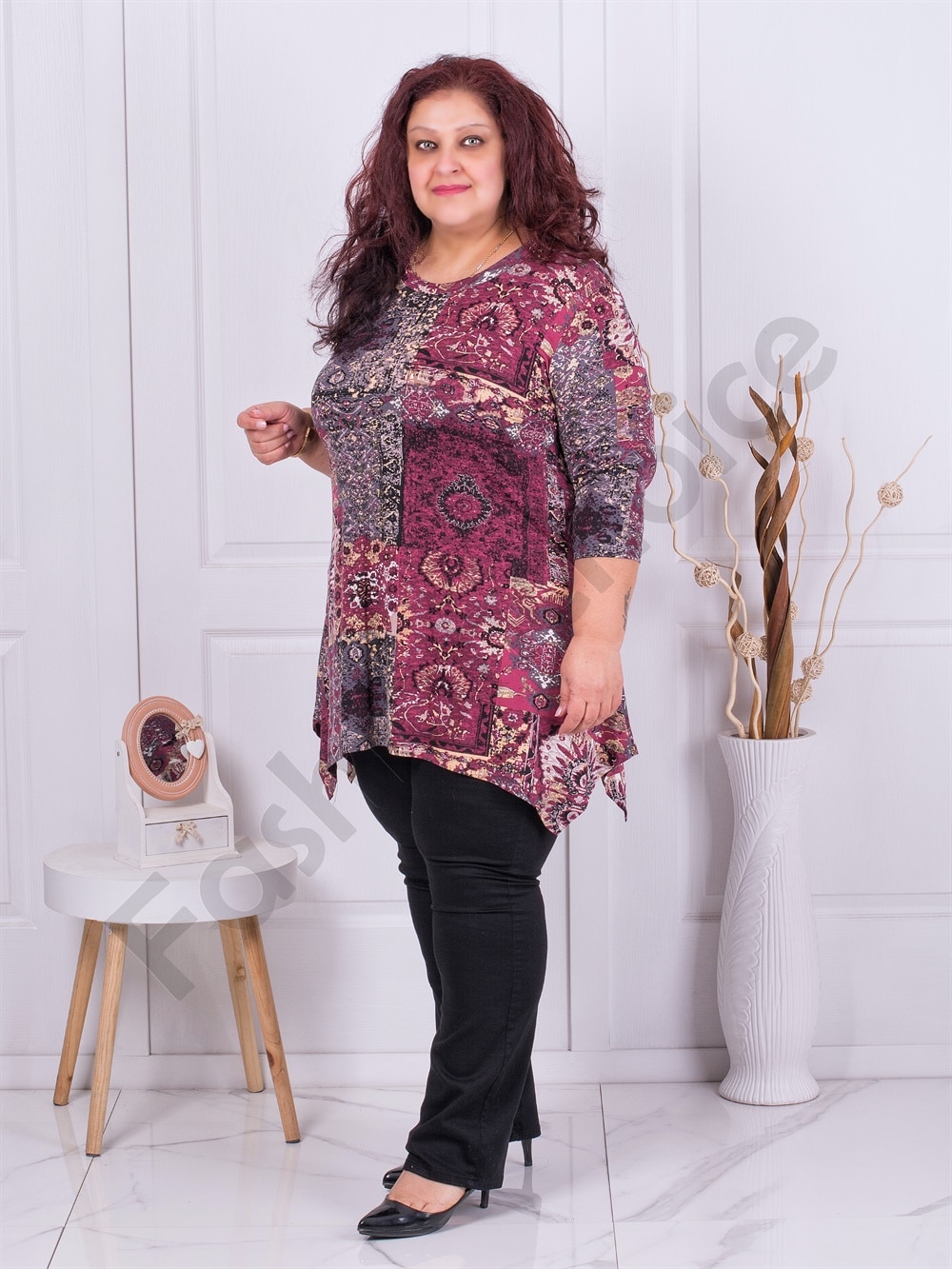 Plus size ασύμμετρη τουνίκ σε Boho στυλ-μπορντό-κωδ 23220-2
