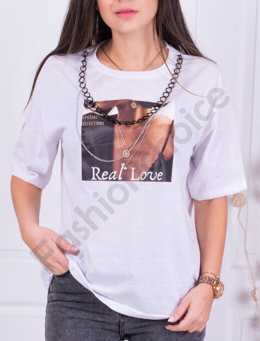Γυναικείο Oversize T-shirt με τύπωμα και αλυσίδα-λευκό-κωδ 1131-3