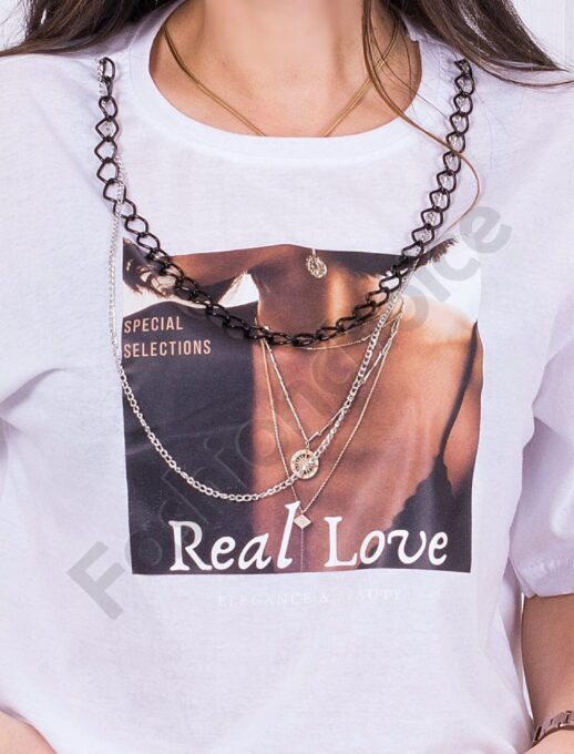 Γυναικείο Oversize T-shirt με τύπωμα και αλυσίδα-λευκό-κωδ 1131-3