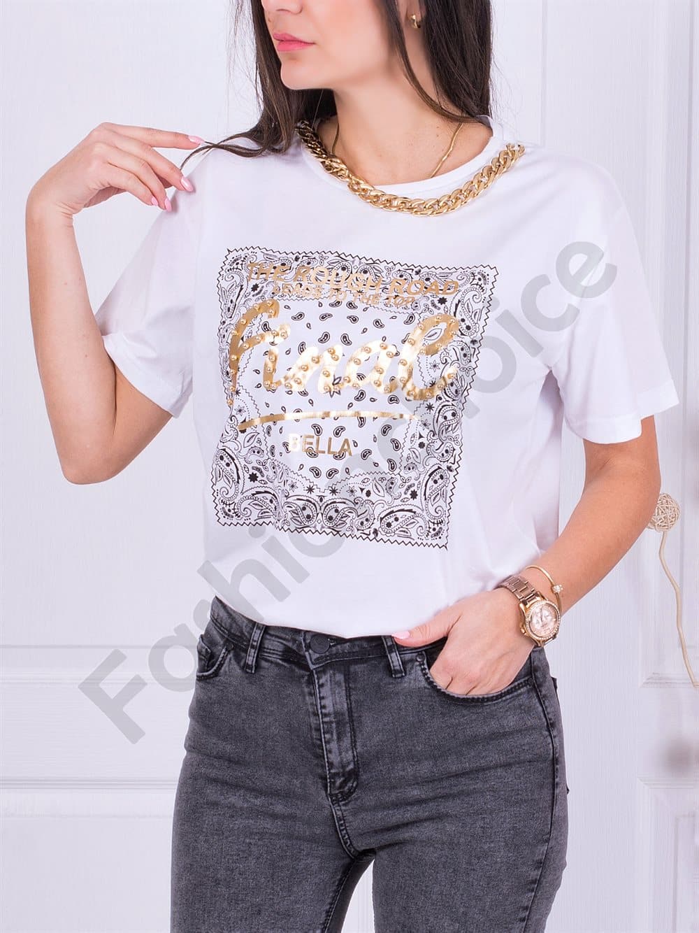 T-shirt Fashion με τύπωμα και πέρλες-κωδ 1133-3