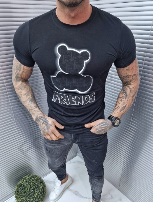 Ανδρικό T-shirt με απλικέ αρκουδάκι-μαύρο/λευκό-κωδ 6019-2