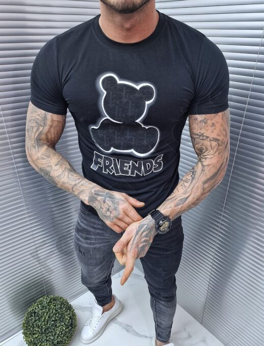 Ανδρικό T-shirt με απλικέ αρκουδάκι-μαύρο/λευκό-κωδ 6019-2