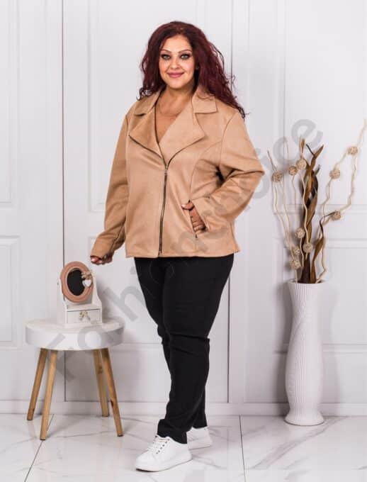 Plus size τζάκετ βελούδο με ασύμμετρο φερμουάρ-μπεζ-κωδ 2663-1