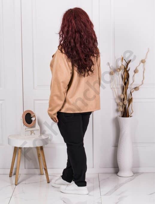 Plus size τζάκετ βελούδο με ασύμμετρο φερμουάρ-μπεζ-κωδ 2663-1