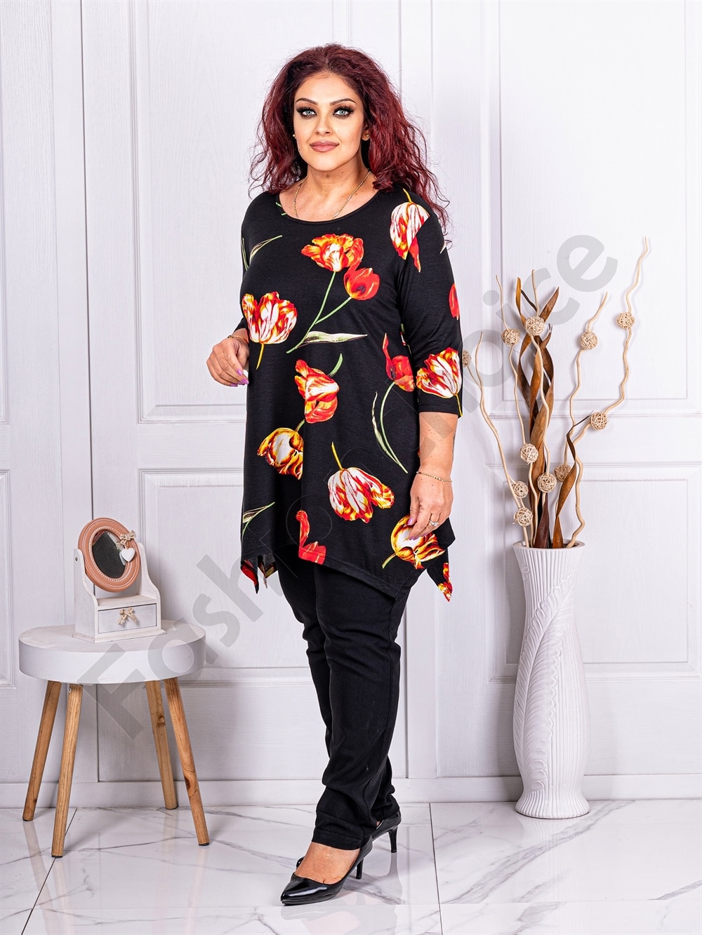 Plus size ασύμμετρη τουνίκ με ντεσέν τουλίπες-κωδ 23100-5