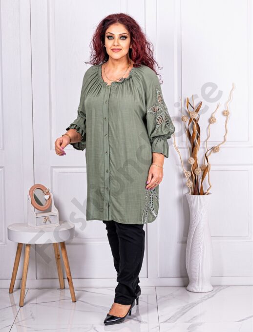 Plus size πουκάμισο/τουνίκ με απλικέ και στρας-πράσινο φυστικί-κωδ 243-2