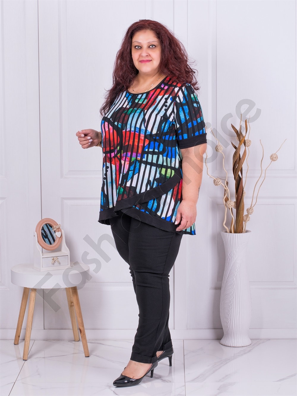 Plus size ασύμμετρη τουνίκ με φλοράλ ντεσέν-κωδ 1328