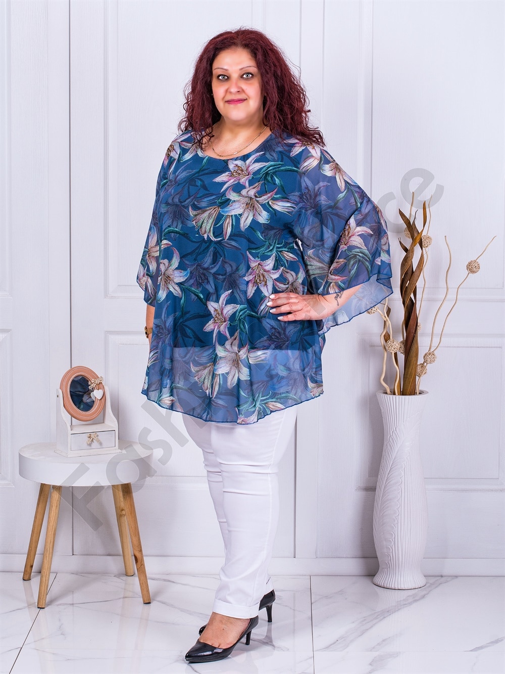 Plus size σιφόν τουνίκ φλοράλ-μπλε-κωδ 23222
