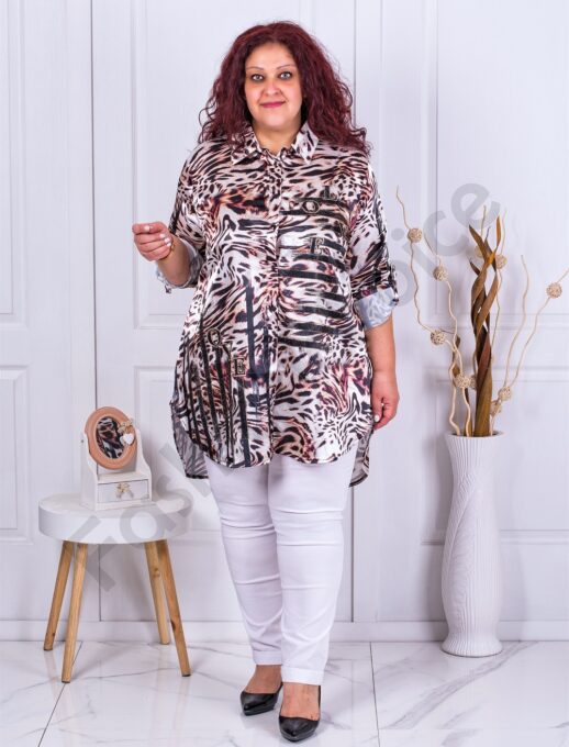 Plus size μακρύ σατέν πουκάμισο με animal τύπωμα-κωδ 7058