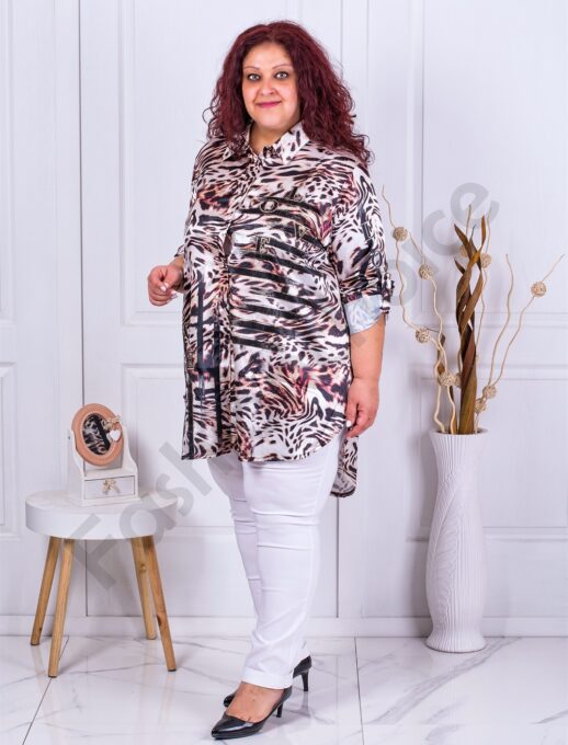 Plus size μακρύ σατέν πουκάμισο με animal τύπωμα-κωδ 7058