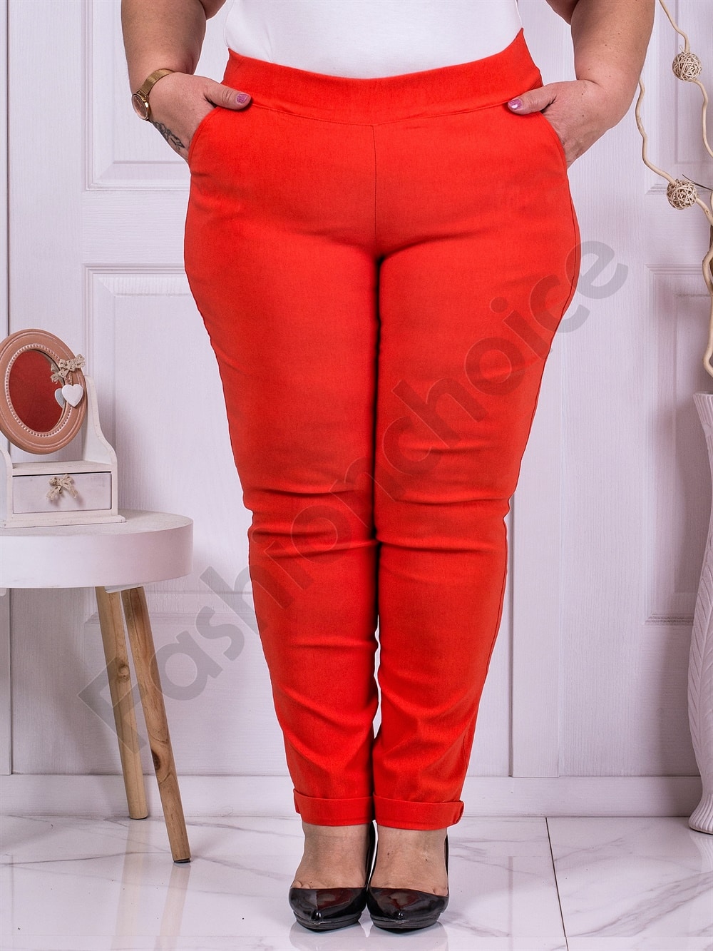 Plus size ψηλόμεσο παντελόνι Push up-πορτοκαλί-κωδ 23219-13