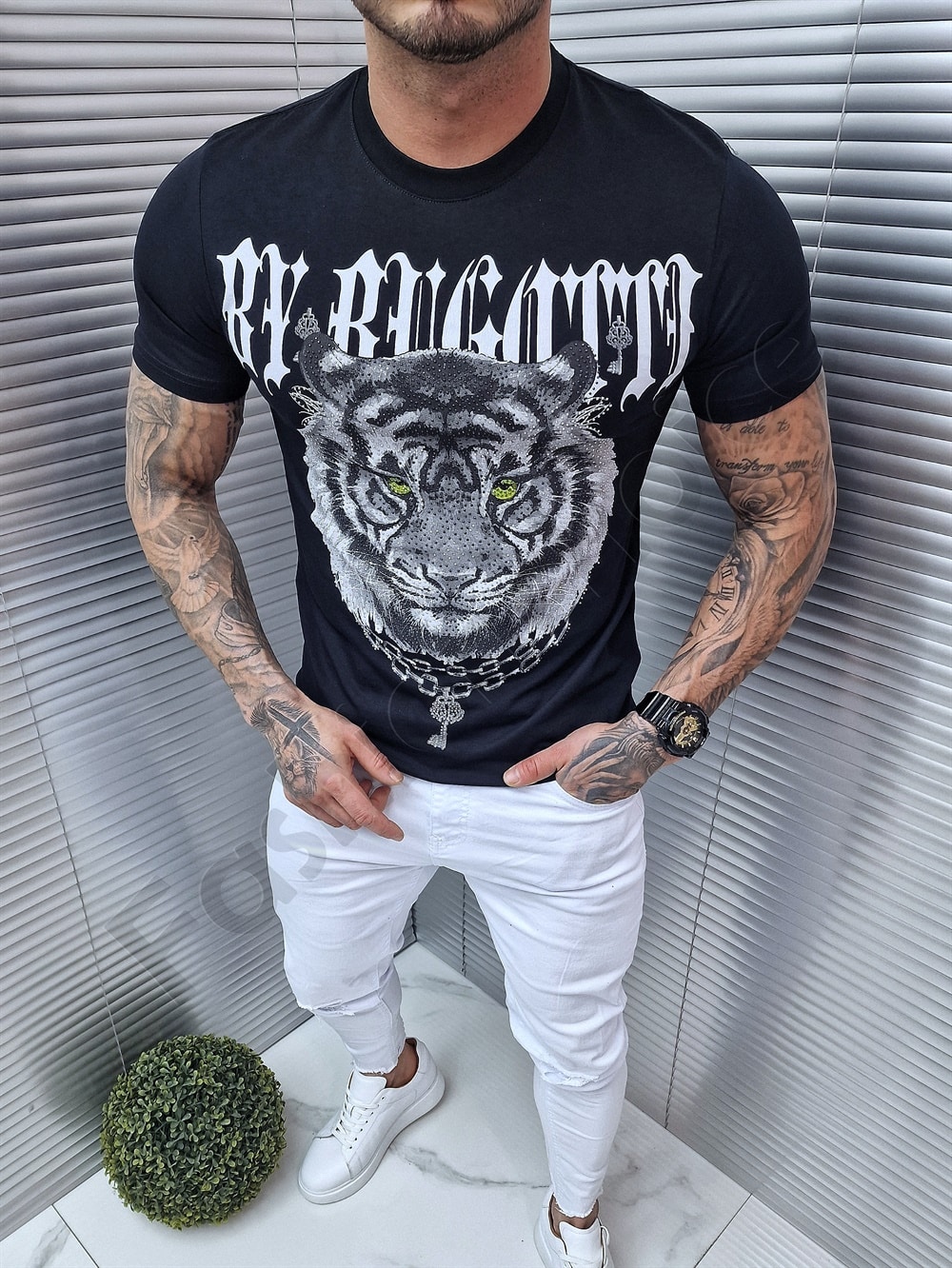 Ανδρικό T-shirt με τύπωμα τίγρη-μαύρο-κωδ 1270-2