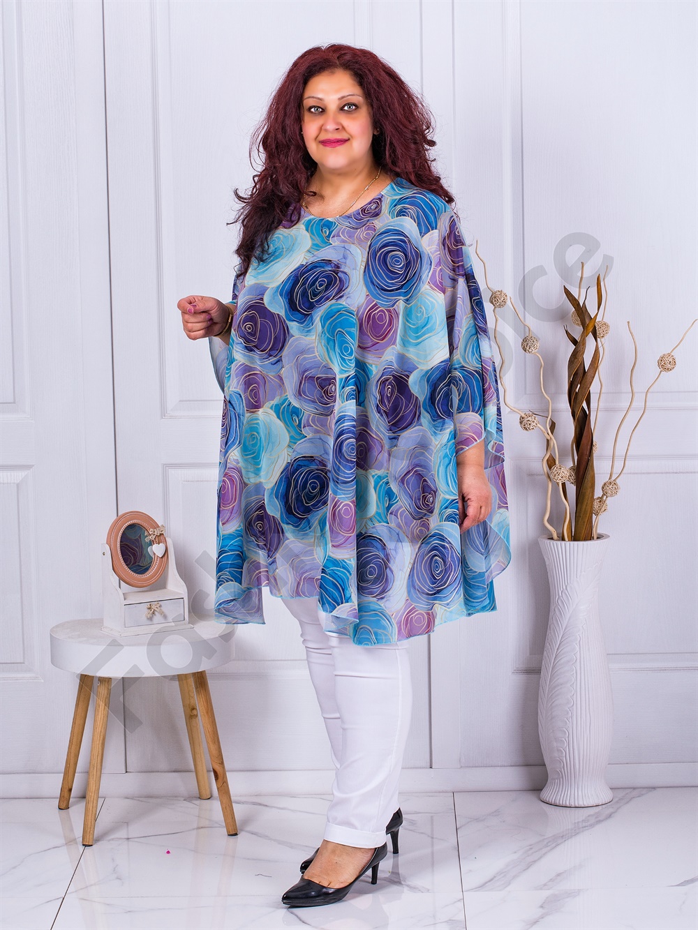 Plus size σιφόν πόντσο με τριαντάφυλλα-κωδ 235021-6