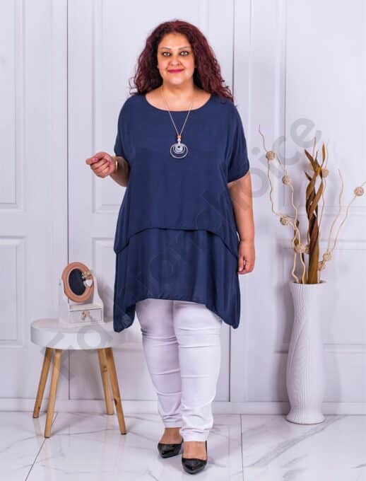 Plus size τουνίκ άνετη γραμμή με δώρο κολιέ-σκούρο μπλε-κωδ 21331-2