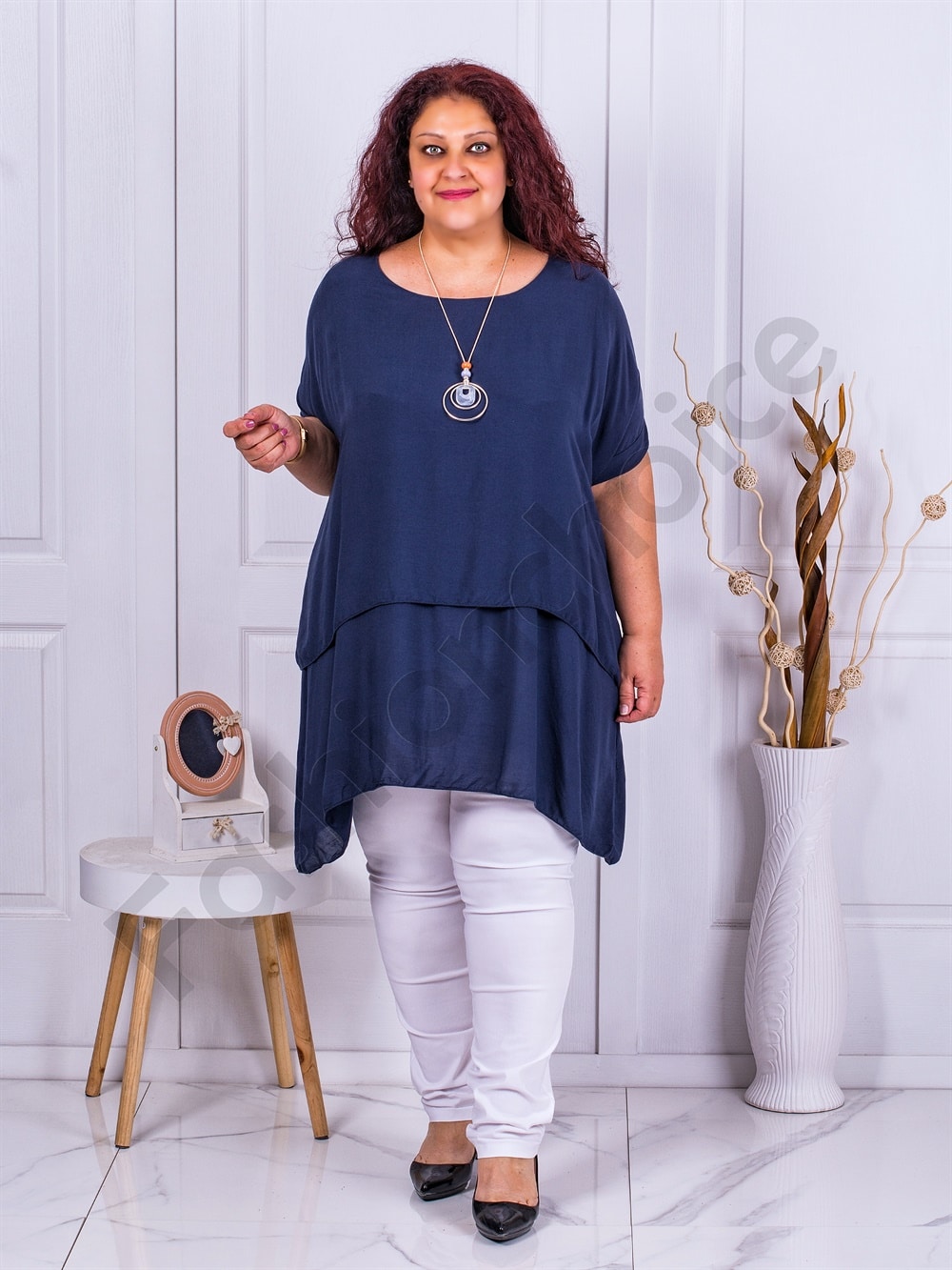 Plus size τουνίκ άνετη γραμμή με δώρο κολιέ-σκούρο μπλε-κωδ 21331-2