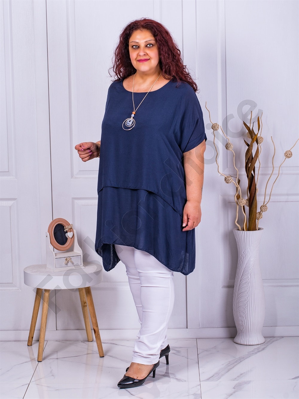 Plus size τουνίκ άνετη γραμμή με δώρο κολιέ-σκούρο μπλε-κωδ 21331-2 - Image 2