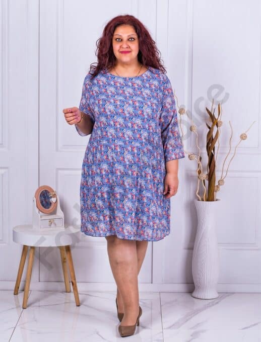 Plus size πλισέ σιφόν φόρεμα με λουλούδια-μπλε-κωδ 8052-1