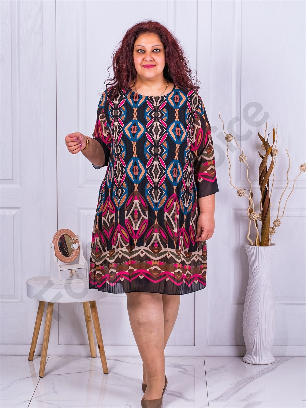 Plus size πλισέ φόρεμα με έθνικ σχέδιο-μαύρο-κωδ 8052-9