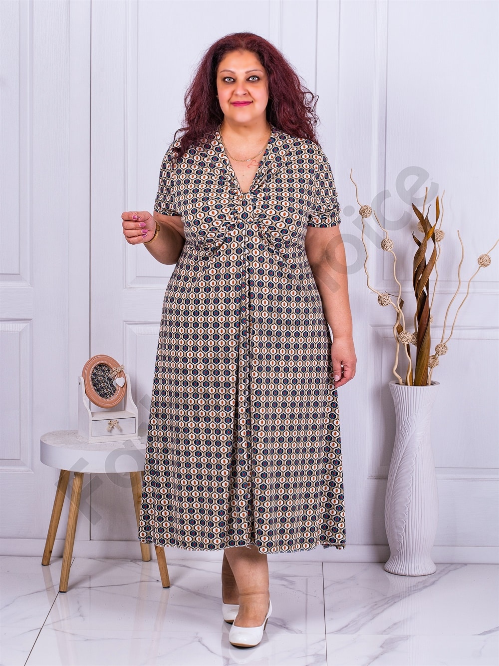 Plus size φόρεμα με μοτίβα και V λαιμόκοψη-κωδ 63751-2