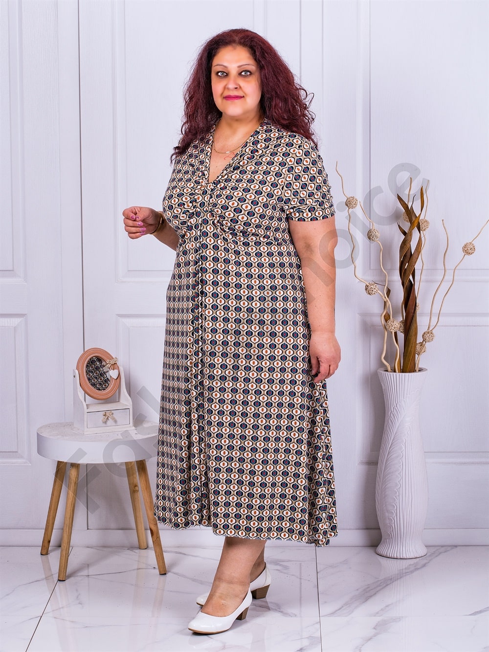 Plus size φόρεμα με μοτίβα και V λαιμόκοψη-κωδ 63751-2