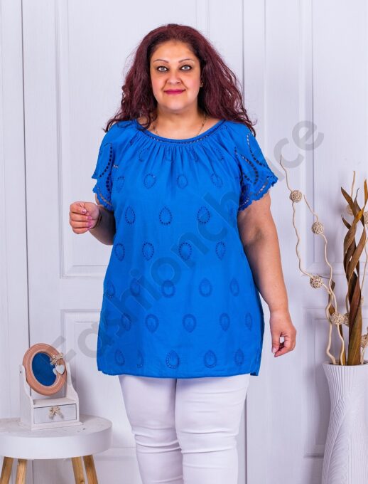 Plus size τουνίκ με αγγλικό κέντημα-μπλε ρουά-κωδ 9221-8
