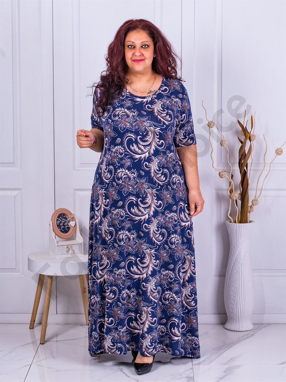 Plus size φόρεμα με φλοράλ σχέδιο-μπλε-κωδ 23221-6