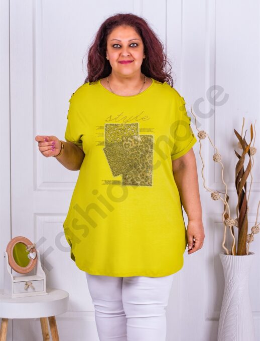 Plus size μπλούζα με τούλι στους ώμους-χρώμα lime-κωδ 7366-6