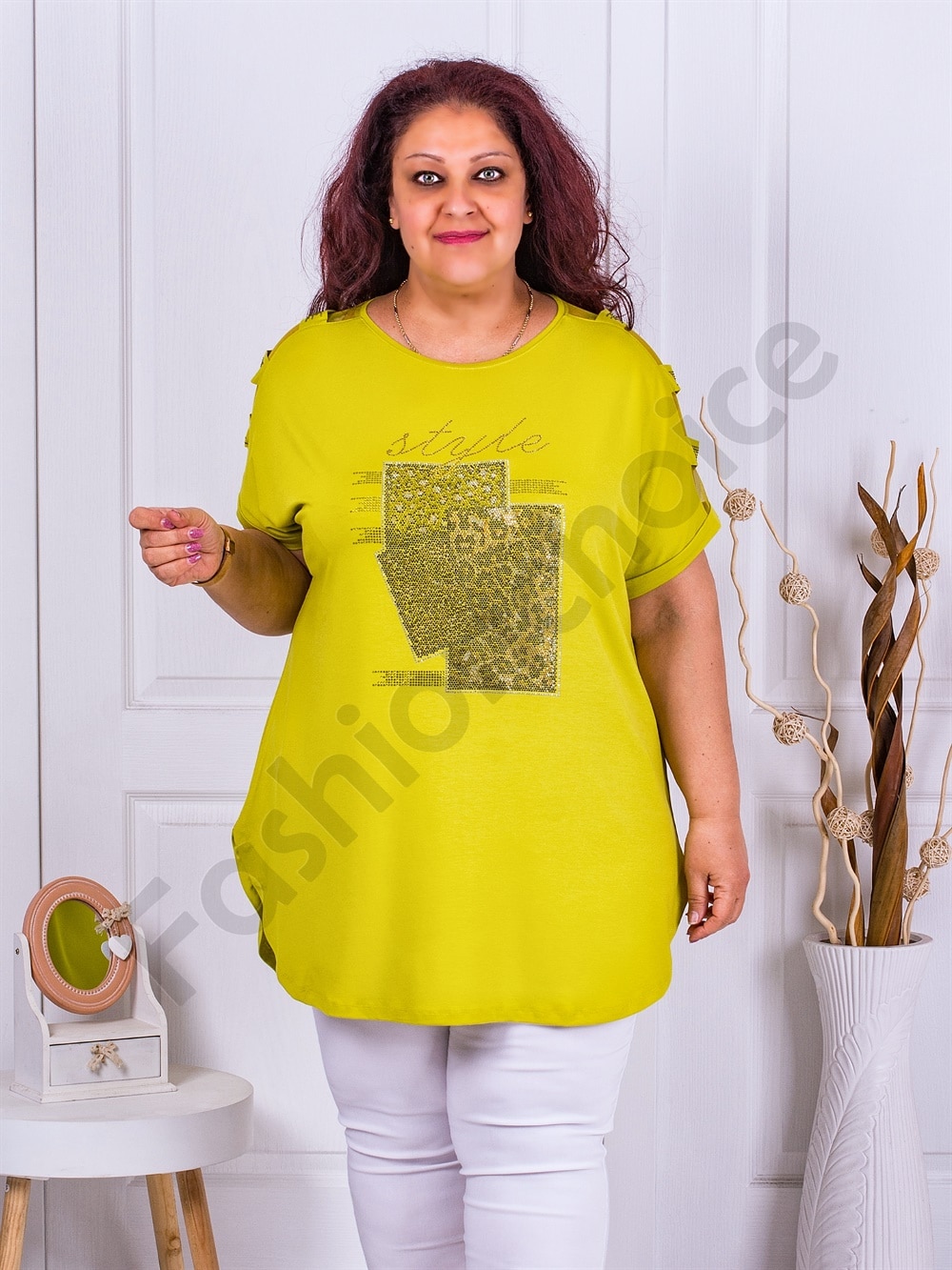 Plus size μπλούζα με τούλι στους ώμους-χρώμα lime-κωδ 7366-6