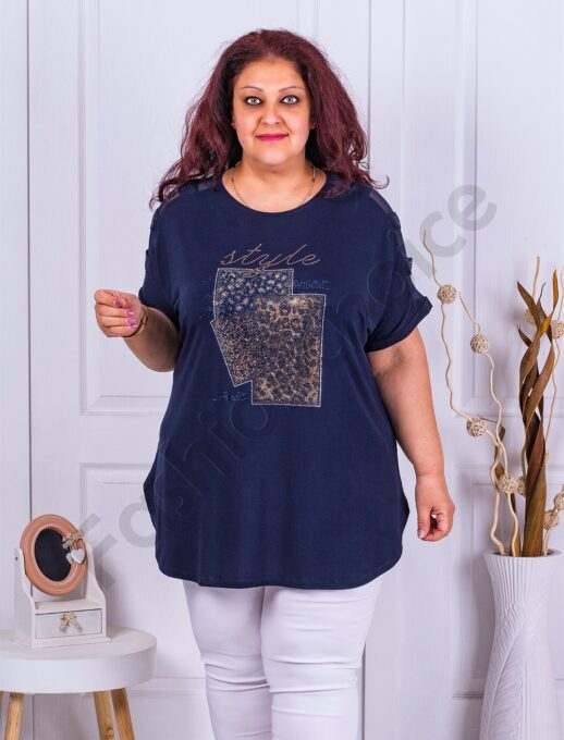 Plus size μπλούζα με τούλι στους ώμους-σκούρο μπλε-κωδ 7366-5